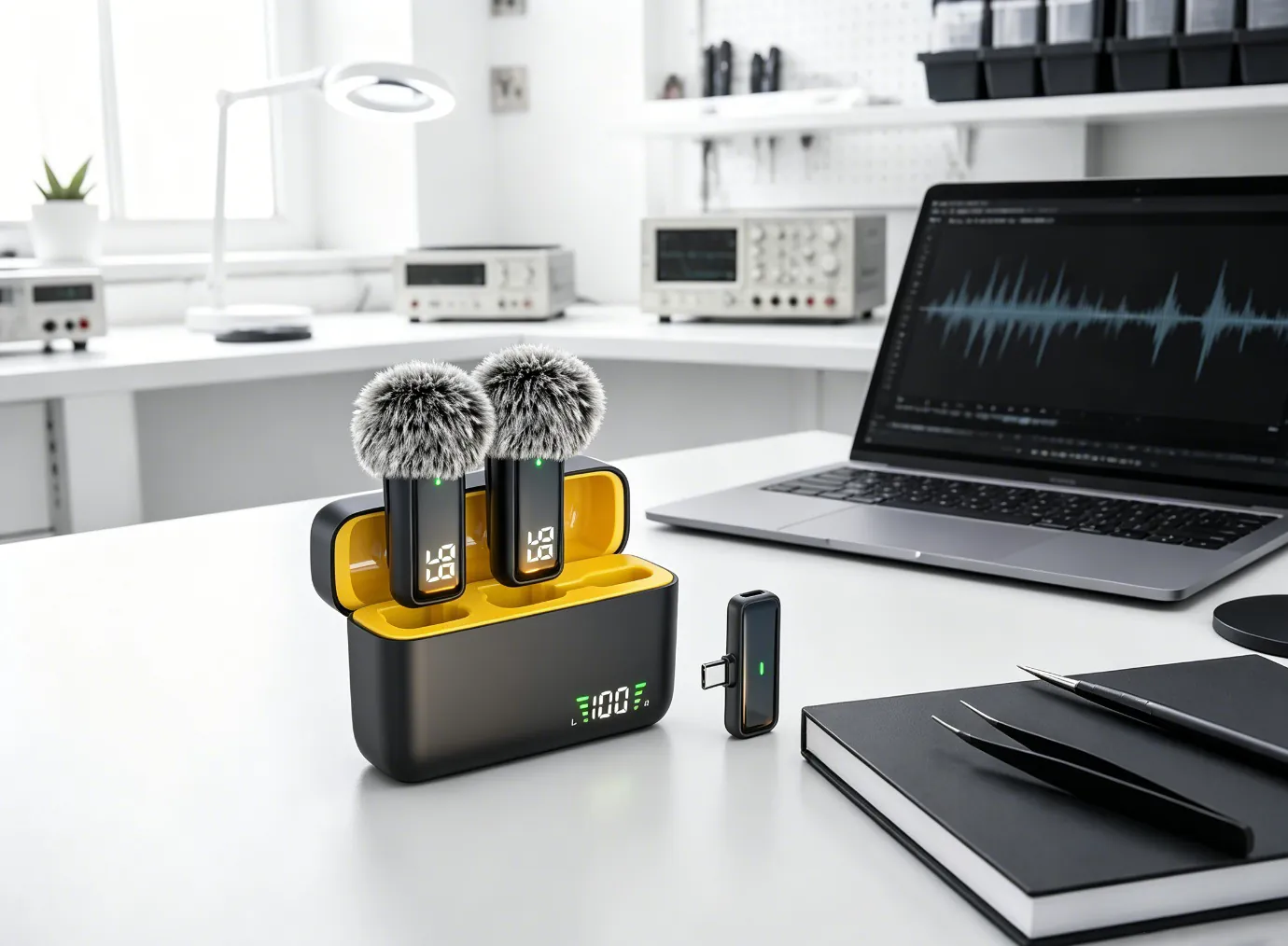 NPTCL H6 Pro Wireless microphone transmitters and charging case on an engineering workbench